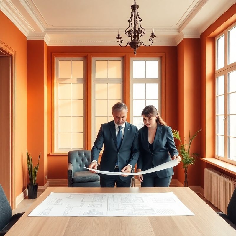Dvaja architekti v moderných konzultačných priestoroch preverujú stavebnú dokumentáciu
